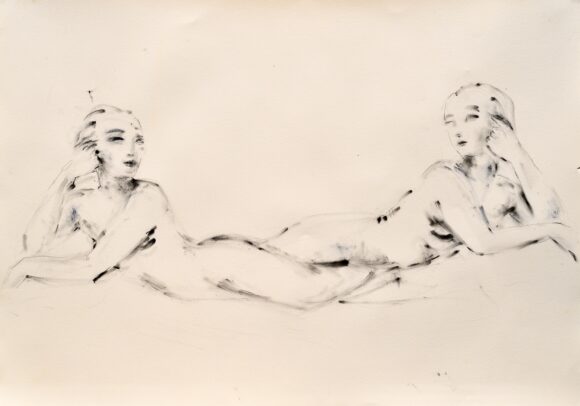 Untitled, “Pairs”. Charcoal, pencil, watercolor on paper, 26” x 40” 2023